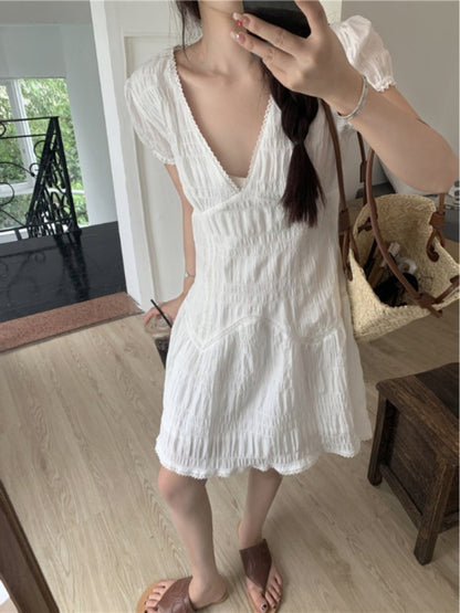 Lace Edge V-neck Pleated White Temperament Dress Women