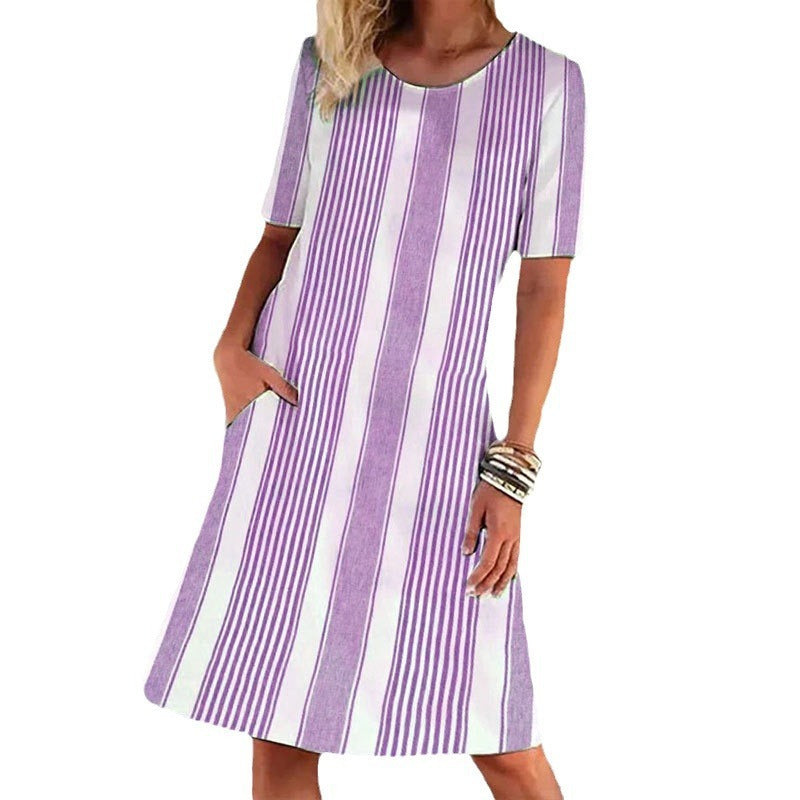 Printed Round Neck Short Sleeve Dress