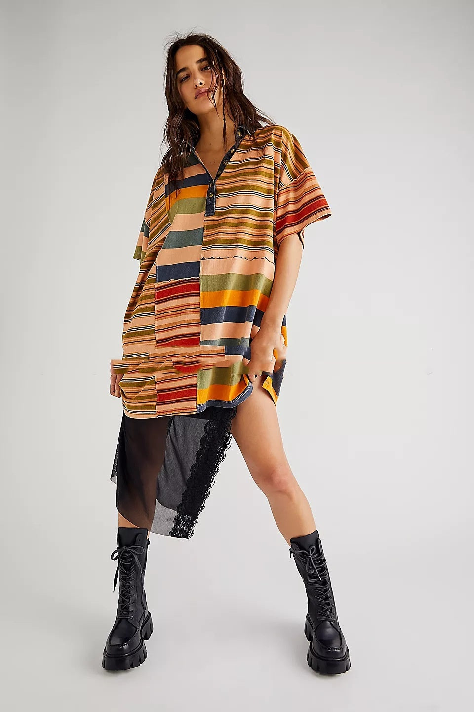 Women's Mid-sleeve Lapel Contrast Color Striped Loose Casual Dress