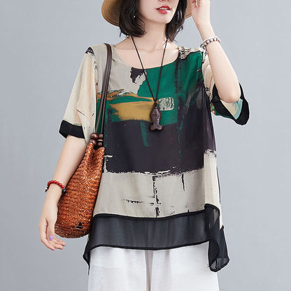 Loose Fashion Suit Mother's Chiffon Shirt Cropped Wide-legged Culottes Two-piece Set