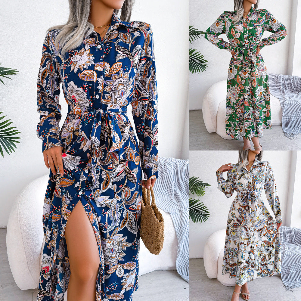 Vestido camisero con solapa y lazo con flores estilo retro europeo y americano