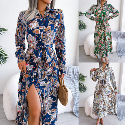 European And American Retro Flower Lapel Tied Shirt Dress