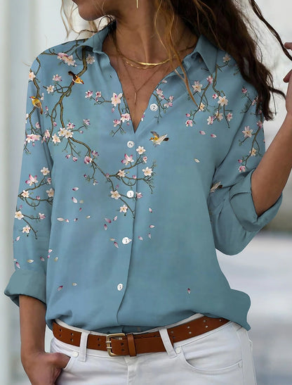 Blusa de manga larga para mujer, nueva, con estampado elegante clásico de ramas de flores en color sólido, cárdigan suelto digital 3D