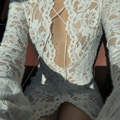 Robe à manches longues fendue micro-transparente en tricot ajouré pour femme