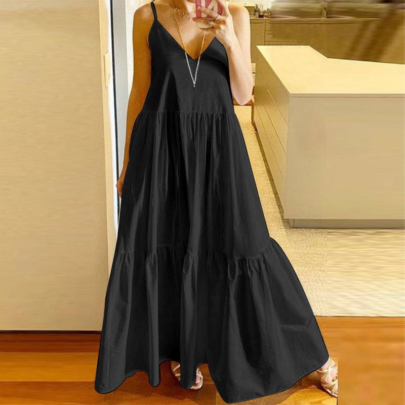 Women's Sleeveless Sling Swing Solid Color Stitching Dress