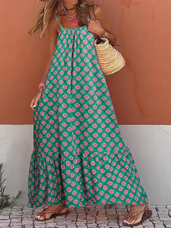 Vestido largo holgado con escote en V y estampado de orejas de madera para vacaciones estilo bohemio europeo y americano