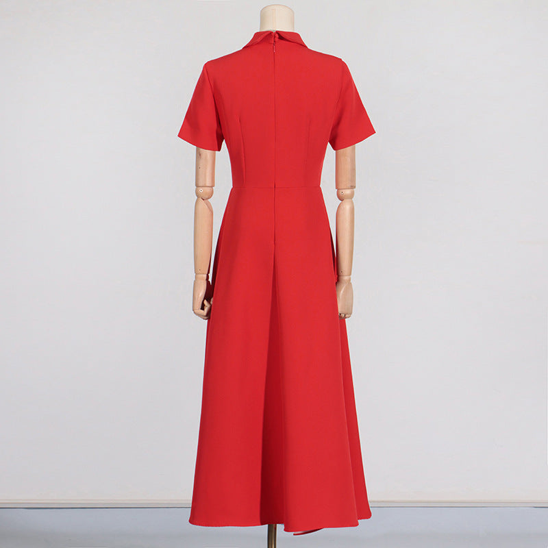 Vestido elegante de estilo francés con temperamento, diseño de solapa simple, cintura ajustada, vestido de manga corta para mujer