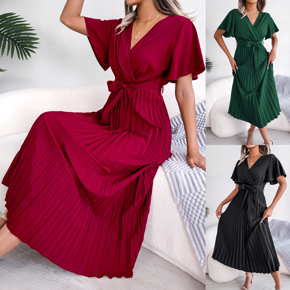 V-neck Swing Pleated Maxi Dress Women's Clothing