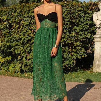 Vestido de mujer con tirantes de encaje verde hueco multicapa