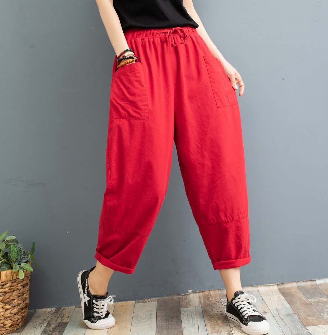 Cropped Pants Printed Plus Size Female Summer Cotton Linen Harem Pants Loose Casual Women's Pants