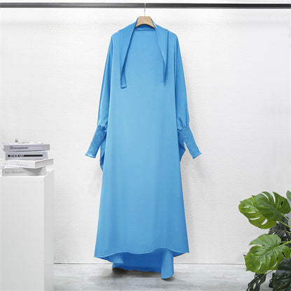 Casual Loose Robe With Headscarf Muslim Dress Solid Color Long Robe