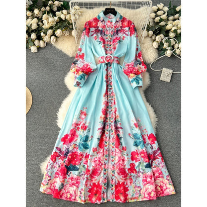 Women's Spring And Autumn New High-grade Stand Collar Lantern Long Sleeve Waist-tight Printed Dress