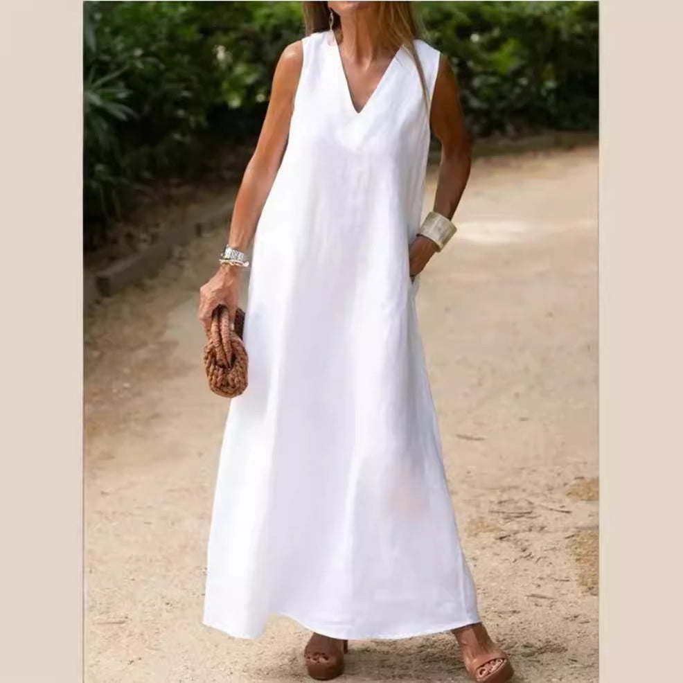 Vestido de lino y algodón blanco de talla grande