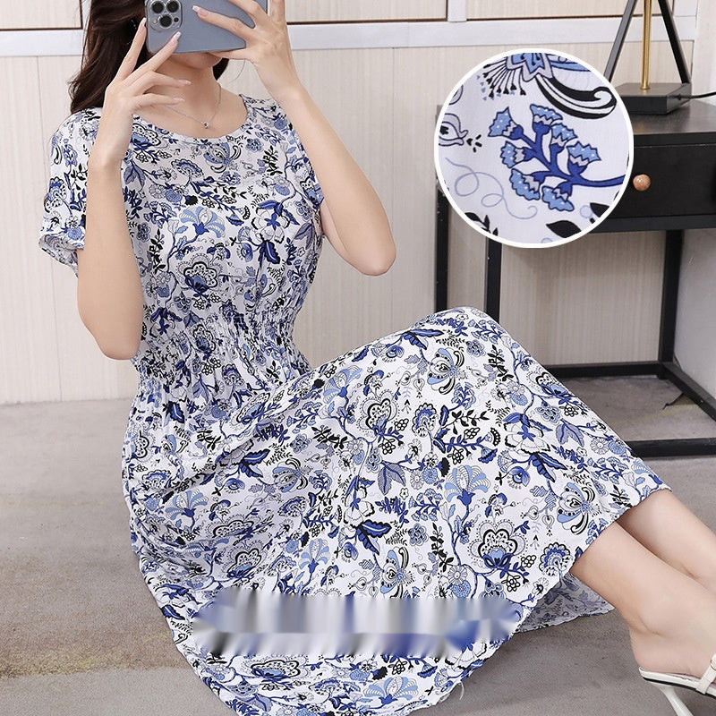 Floral Short Sleeve Dress Elastic And Waisted Slimming