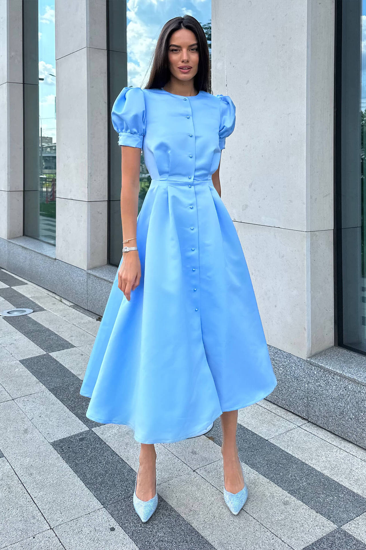 Round Neck Puff Short Sleeve Pleated Waist Tight Dress