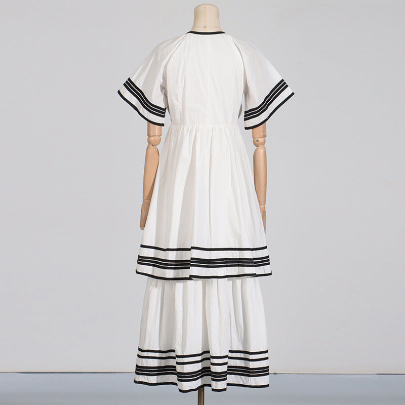 French Style Summer Tail Round-neck Flared Sleeves Lace-up Waist Solid Color Stripes Patchwork Long Dress Dress Women