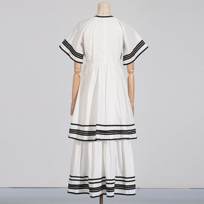 French Style Summer Tail Round-neck Flared Sleeves Lace-up Waist Solid Color Stripes Patchwork Long Dress Dress Women