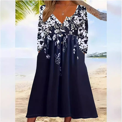 Vestido de cuello redondo con estampado floral y suelto para mujer