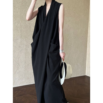 Elegant V-neck Sleeveless Twisted Waist Dress Irregular High-grade