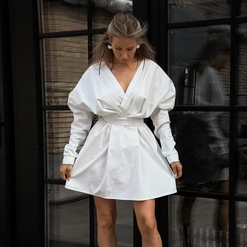 Vestido blanco con mangas abullonadas y escote en V para mujer, corte A