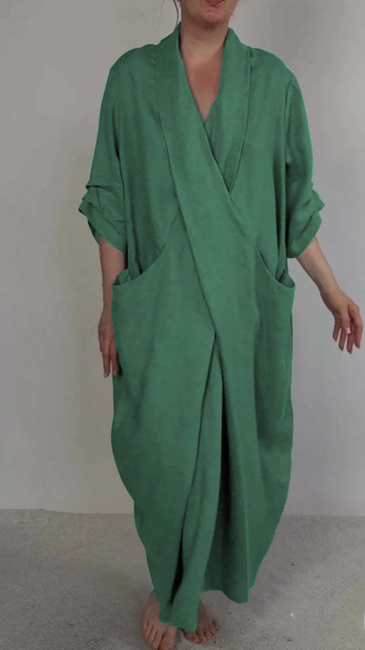 Robe fendue en lin à grandes poches et col en V pour femme