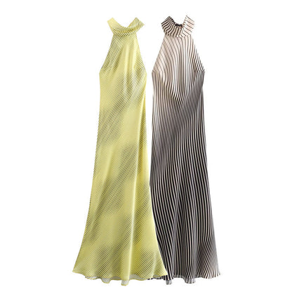 European And American Style Silk Satin Texture Stripes Backless Long Dress