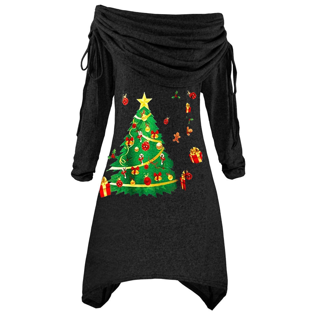 Women's Long Sleeve Christmas Tree Print Pleated Collar Irregular Dress