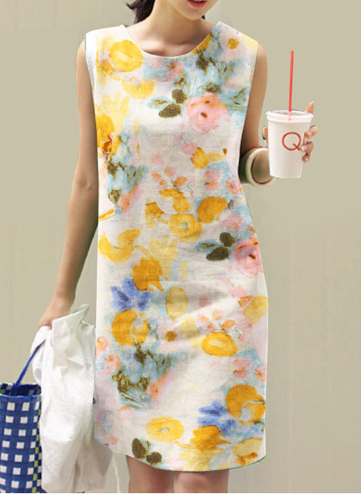 Women's Vintage Floral Print Round Neck Sleeveless Dress