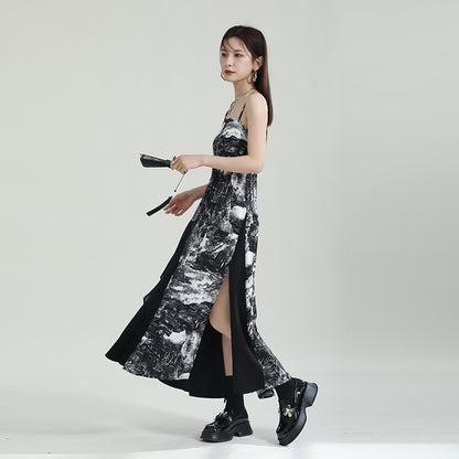 Niche Design Stitching Printing Dress Irregular