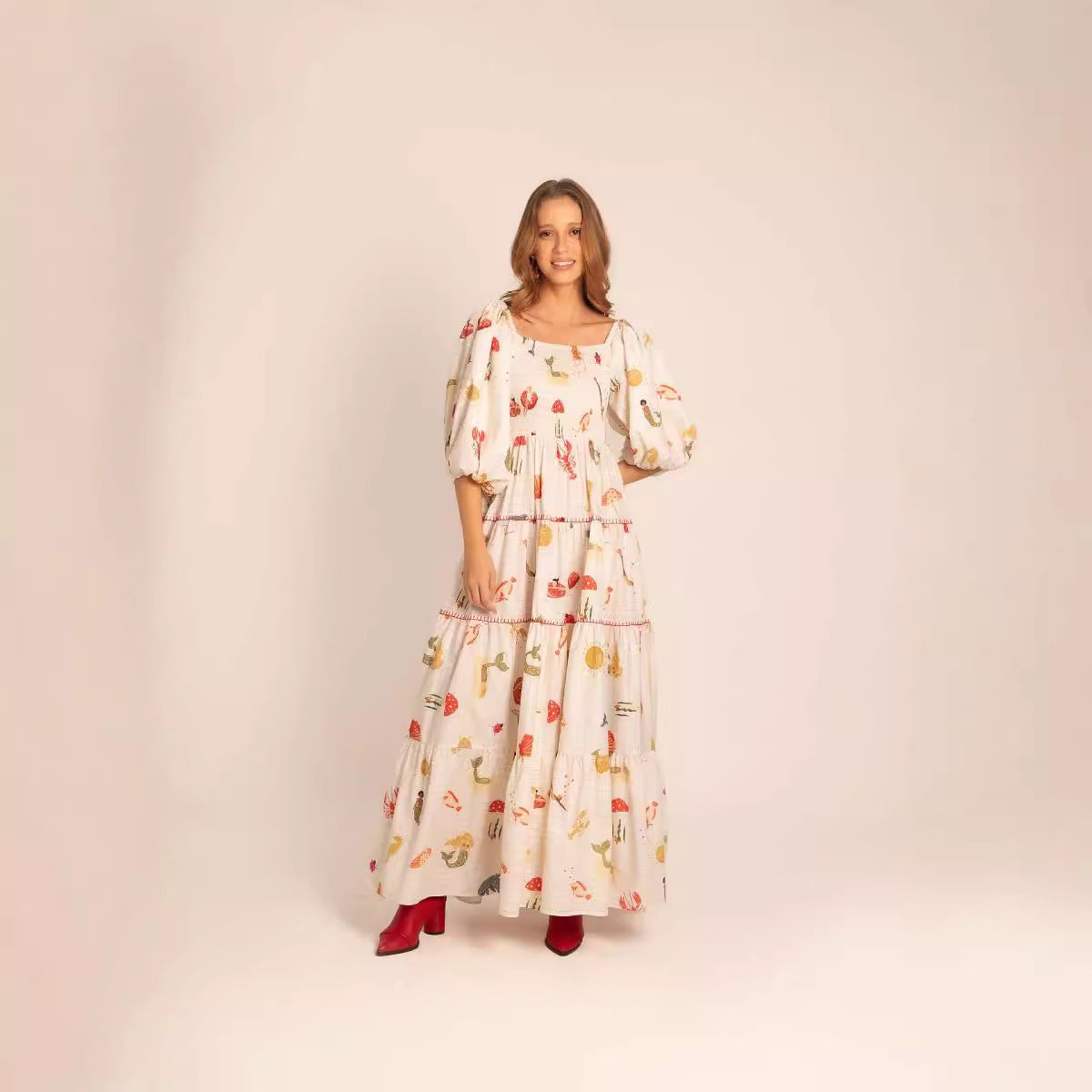 Puff Sleeve Printed Square Collar Swing Long Dress Beach Holiday Dress