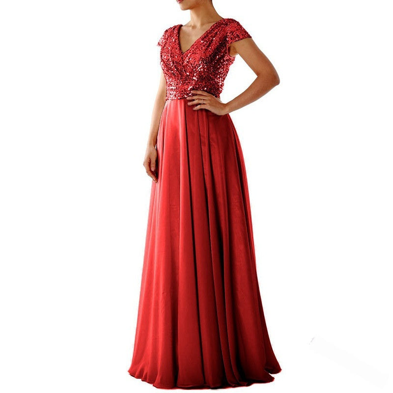 European And American Women's Sleeveless Dress V-neck Sequins Elegant Chiffon Stitching Evening Dress