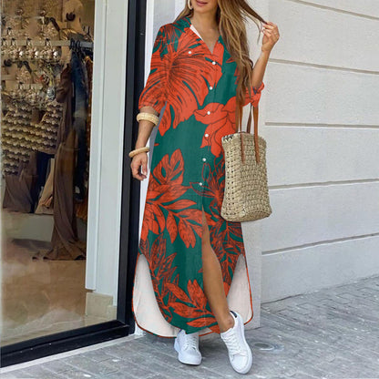 Floral Print Shirt Long Dress