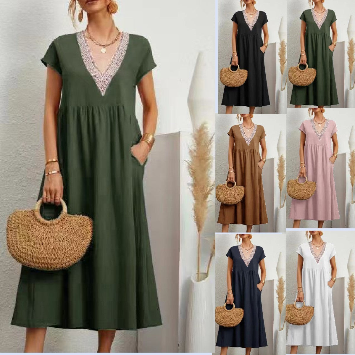 European And American Solid Color Lace V-neck Sleeveless Loose Cotton And Linen Pocket Dress