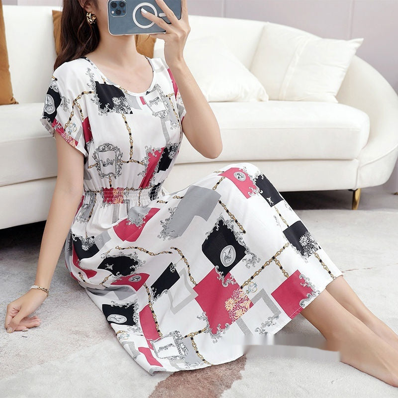 Floral Short Sleeve Dress Elastic And Waisted Slimming