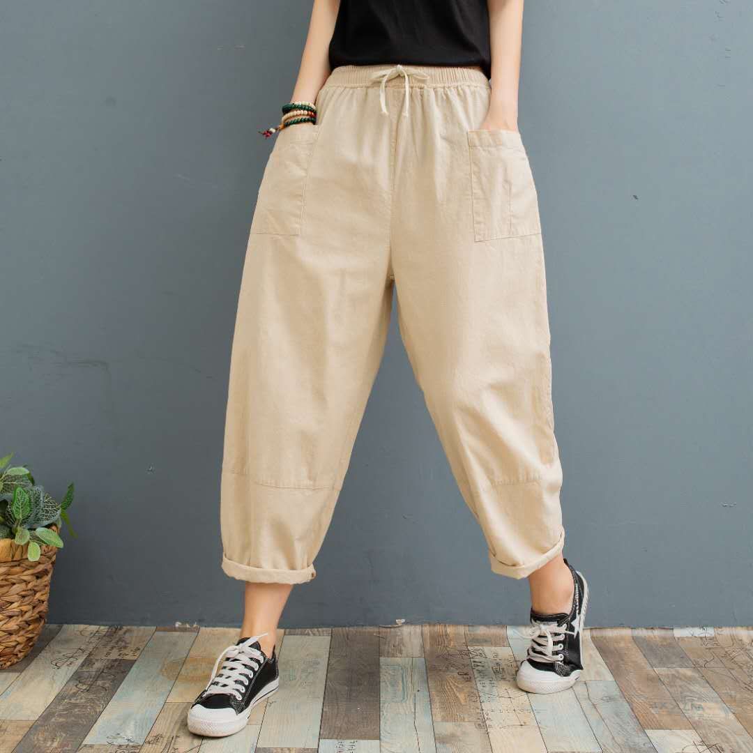 Cropped Pants Printed Plus Size Female Summer Cotton Linen Harem Pants Loose Casual Women's Pants