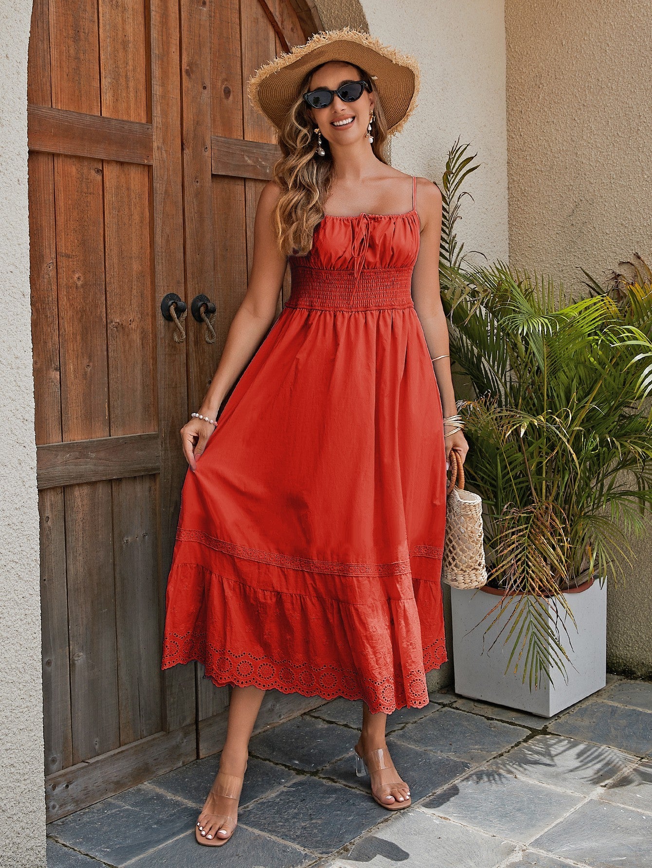 Vestido largo de algodón para mujer: vestido de verano transpirable con dobladillo bordado, cintura elástica y estilo romántico francés