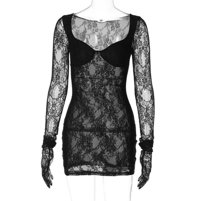 Chest Wrap Long Sleeve Gloves Body Shaping Hip Lace Dress