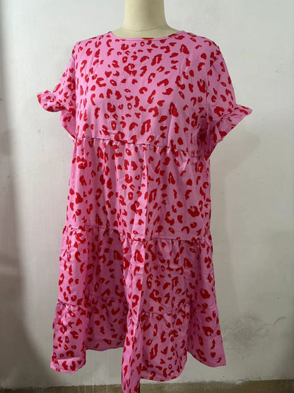 Vestido informal de verano con cuello redondo y estampado floral de leopardo para mujer