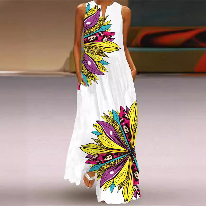 Spring And Summer Fashion Printed Pocket Long Dress