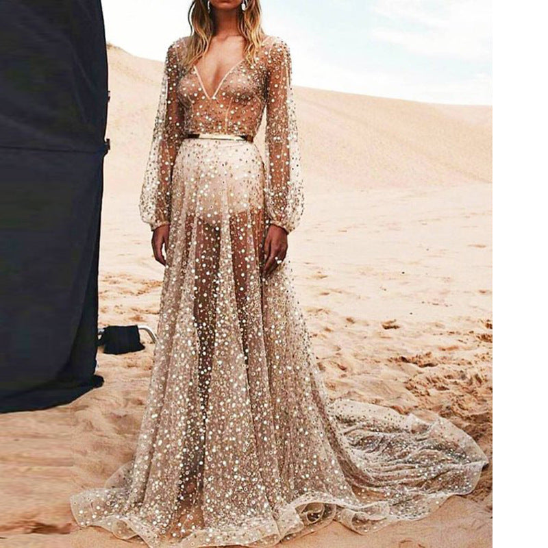 Robe de soirée longue et sexy en maille brillante pour femme