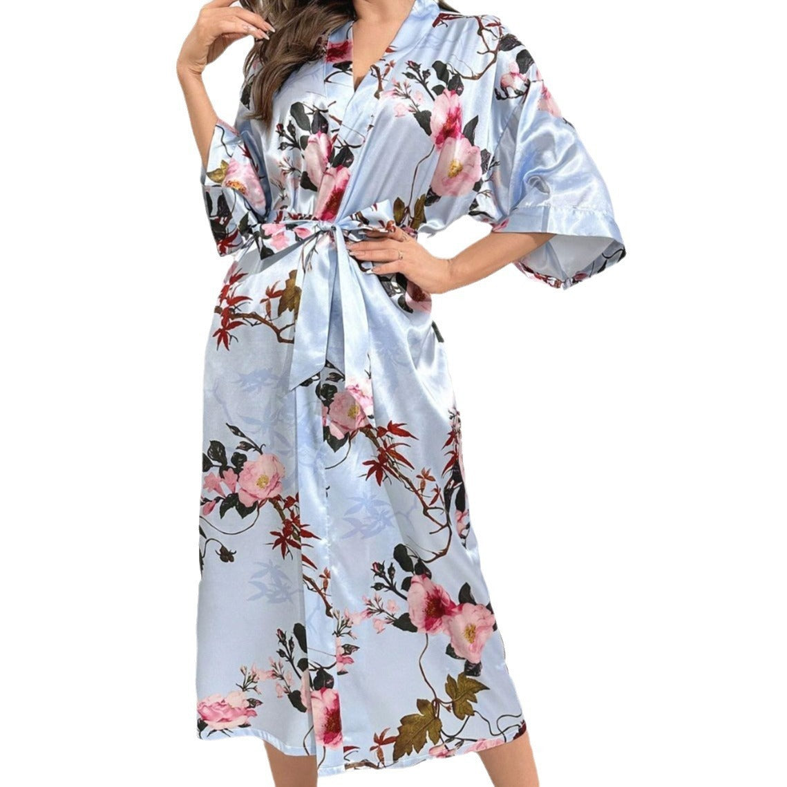 Summer Breathable Thin Fashion Big Flower Print Long Sleeve Nightgown