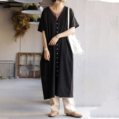 Japanese Summer Short Sleeve V-neck Shirt Dress