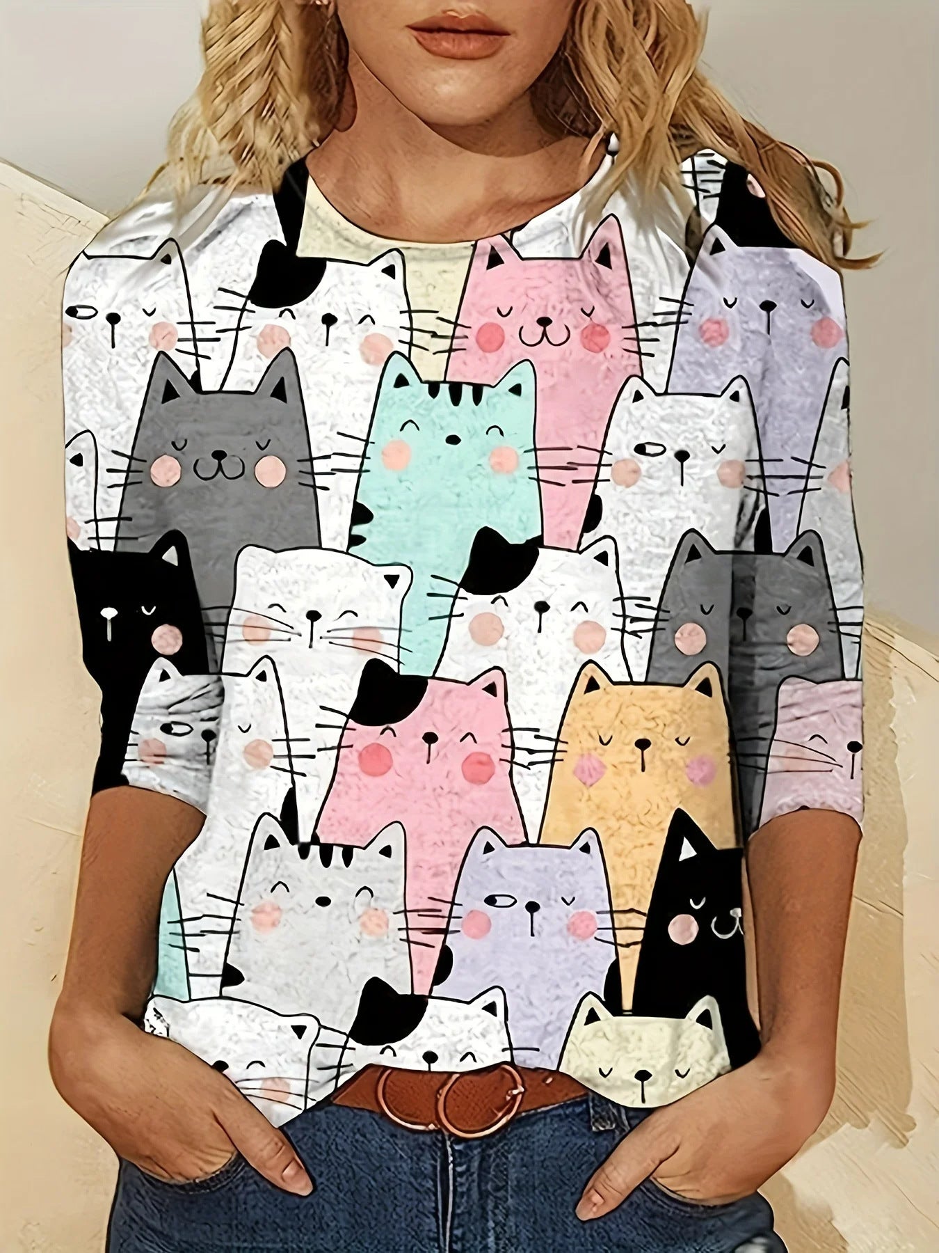 Haut élégant à imprimé chaton mignon et tendance pour femme