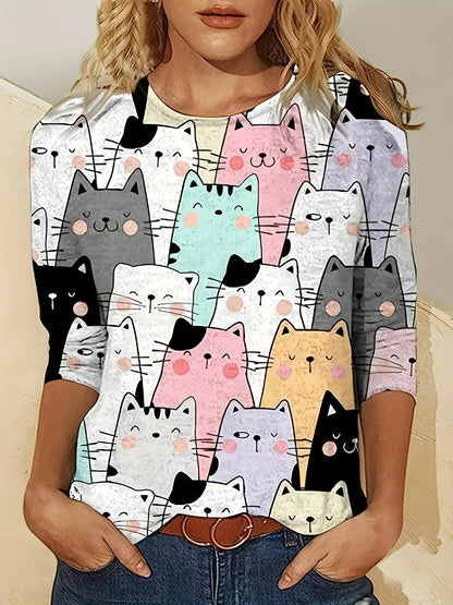 Blusa elegante de verano con estampado de gatitos para mujer