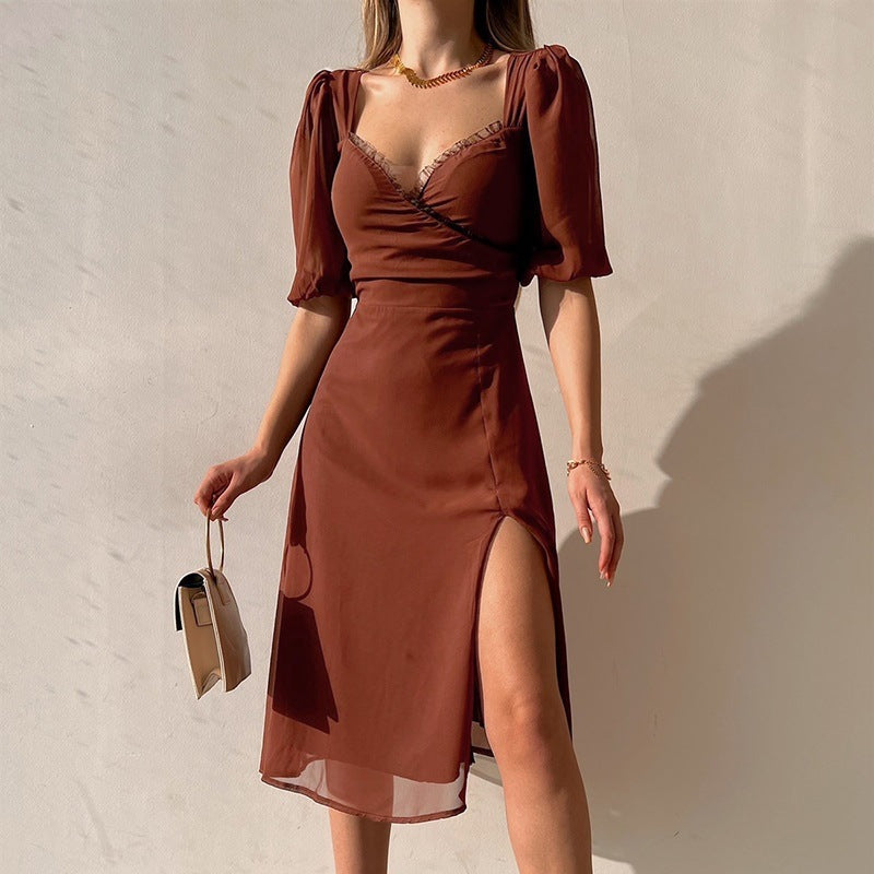 Female Slit Fashionable French Low Cut Dress