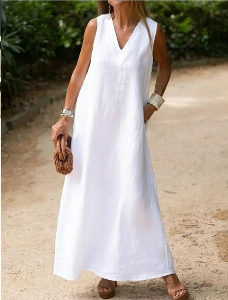 Vestido de lino y algodón blanco de talla grande