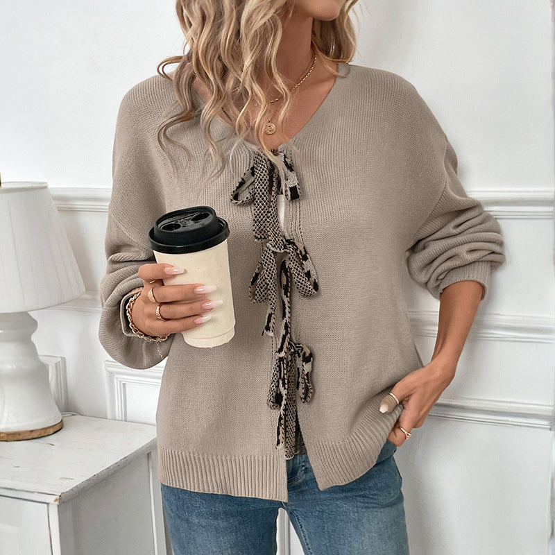 Lace-up Back Love V-neck Women's Cardigan