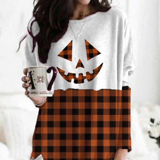 Halloween Pumpkin Face Printed Checks Pocket T-shirt