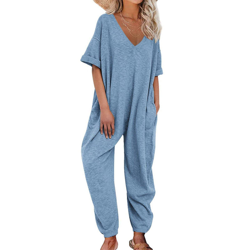 Solid Color V-neck Jumpsuit Half Sleeve Ankle-tied Loose