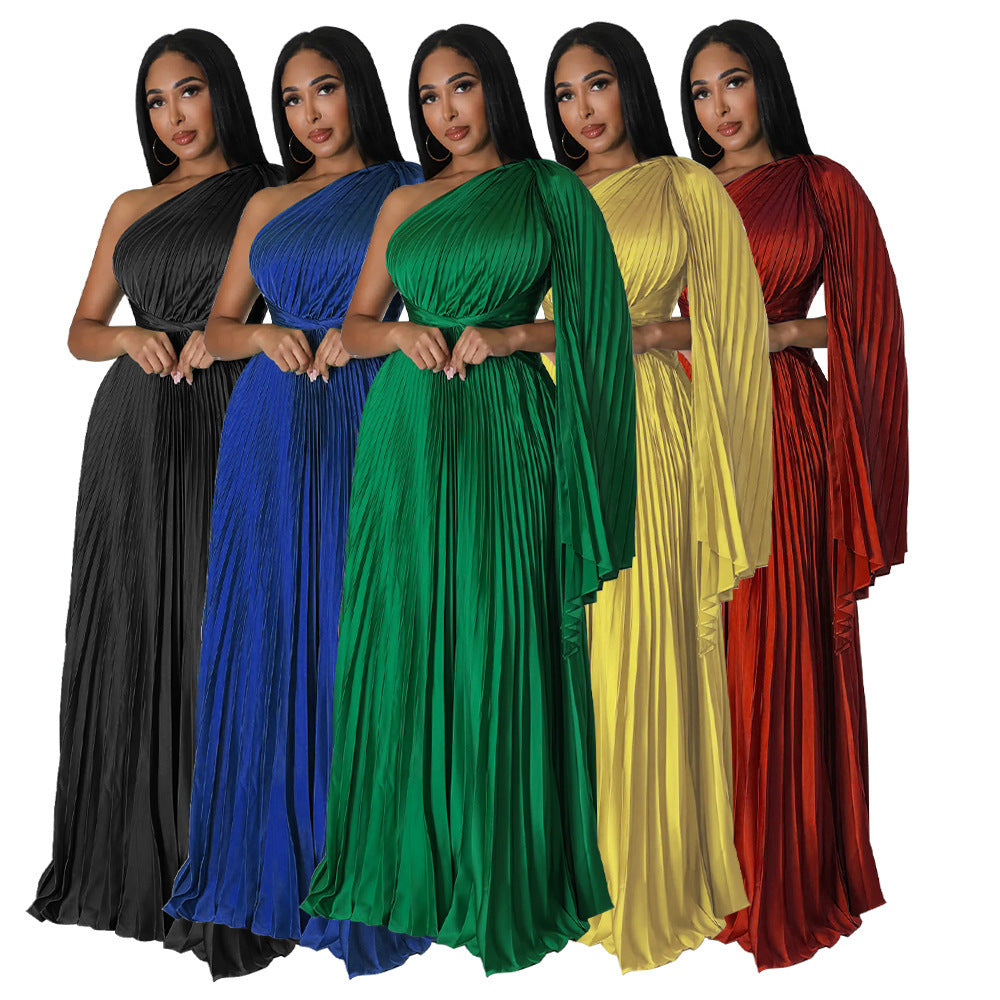 Fashion Women's Wear One Shoulder Pleated Skirt Diagonal Collar Waist-tight Artificial Silk Dress